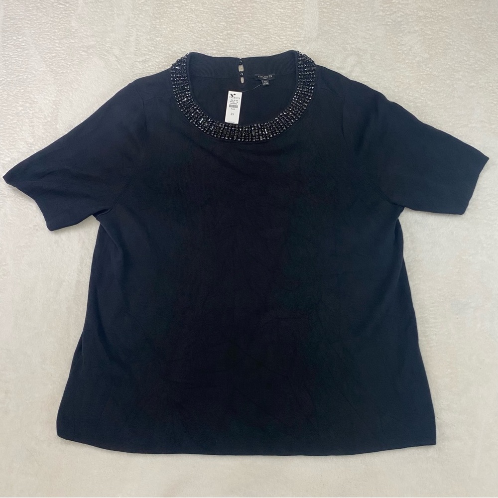 Talbots Sweater Womens Plus 2X Black Pullover Top Knit Short Sleeve Beaded Neck